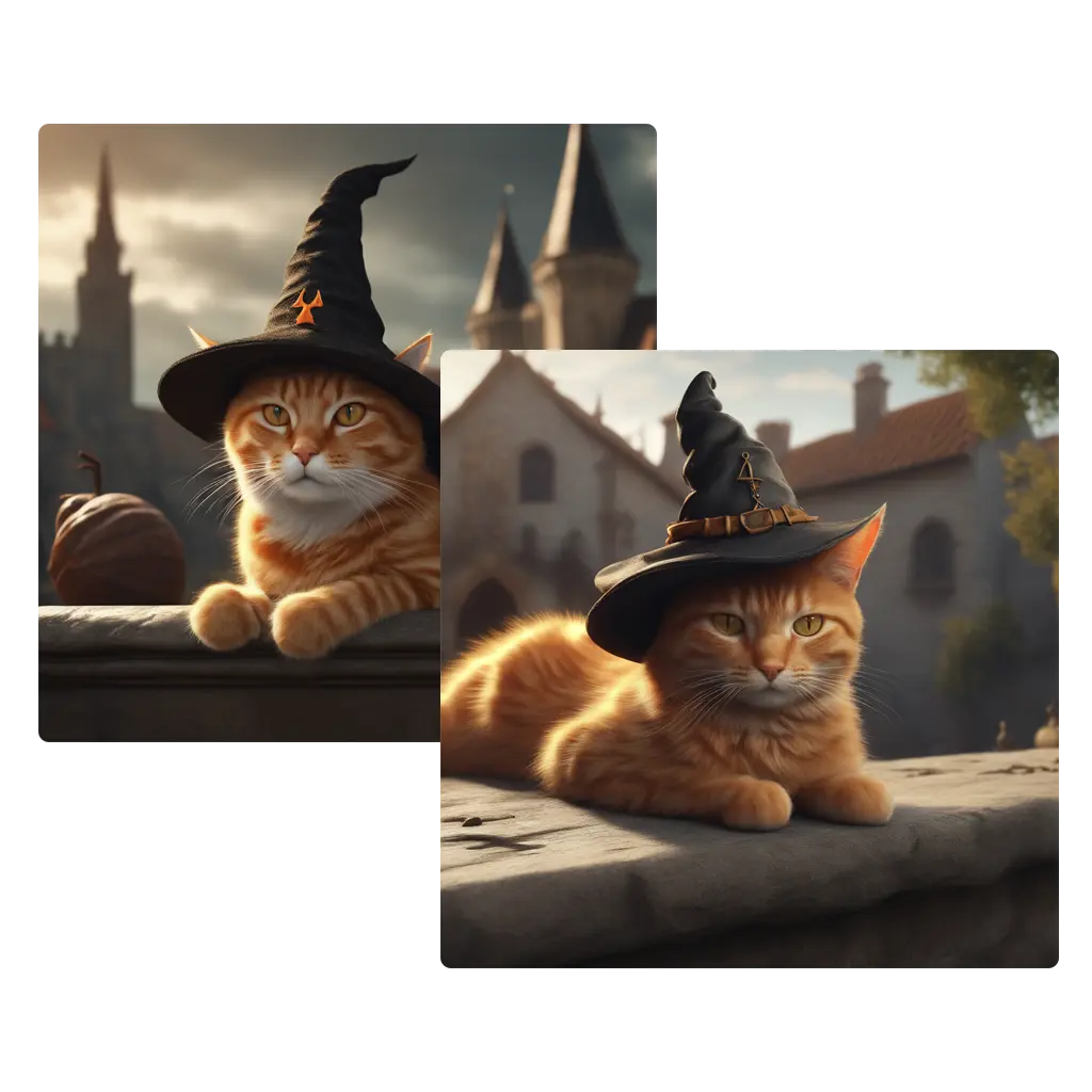 Um gato laranja usando um chapéu de bruxa