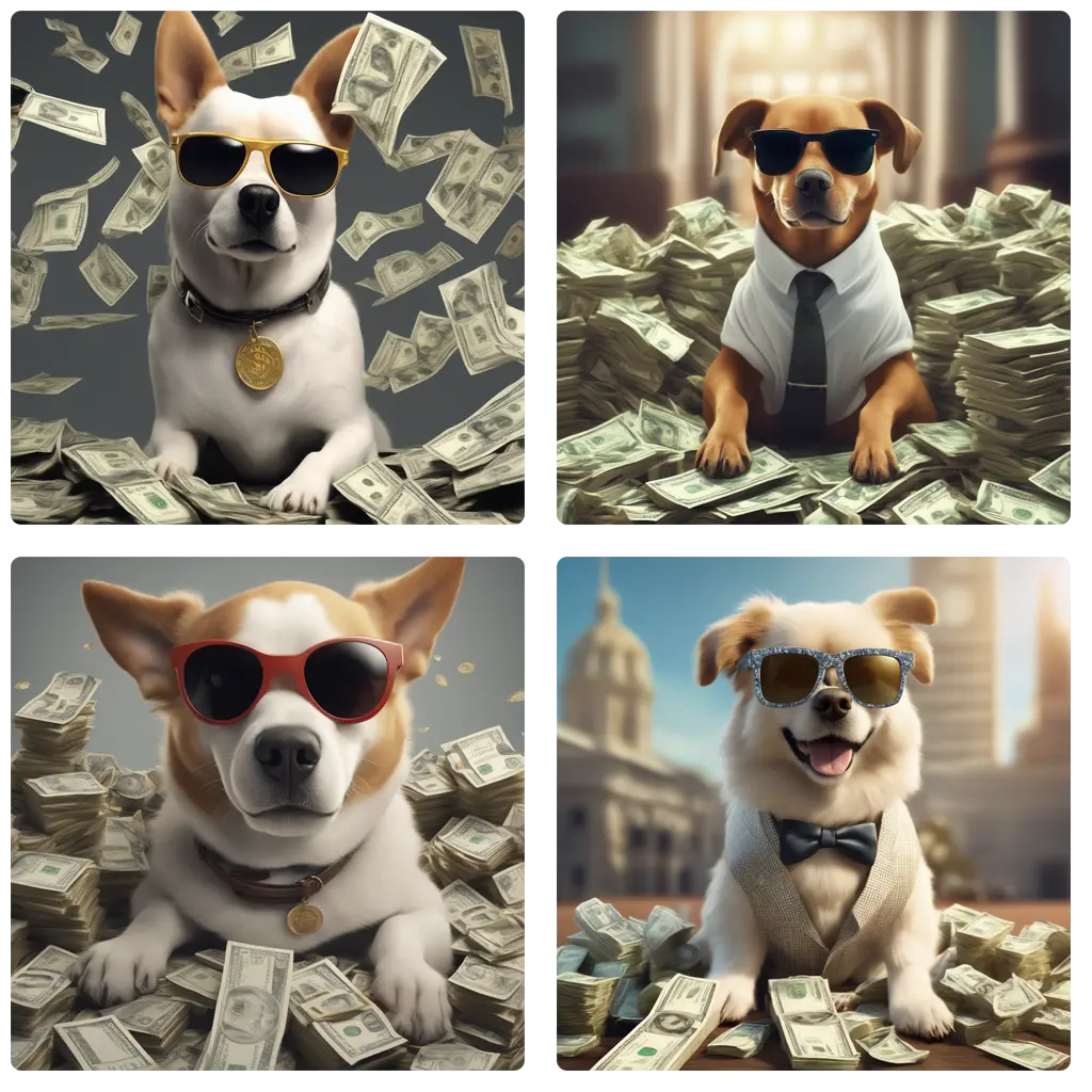 Um cachorro usando óculos escuros rodeado de dinheiro