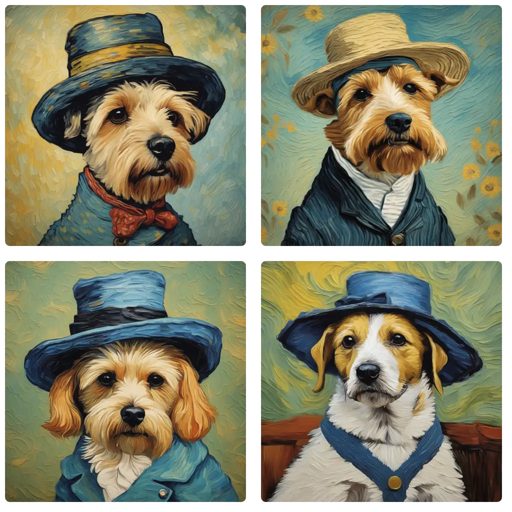 Um cachorro usando um chapéu estiloso, pintura estilo van gogh